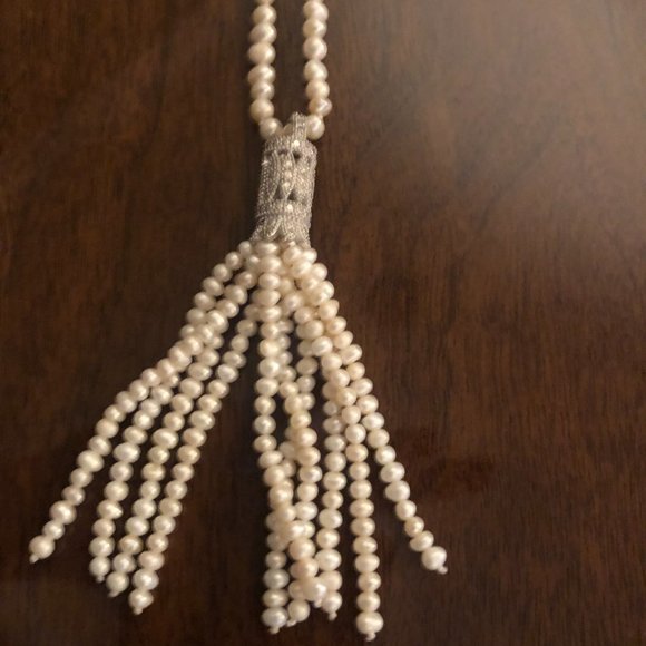 Freshwater Pearl, Sterling and Malachite Tassel Necklace - Picture 4 of 4